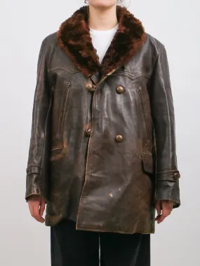 1940s french Brown cowhide car coat jacket with Shearling Lining and Fur Collar