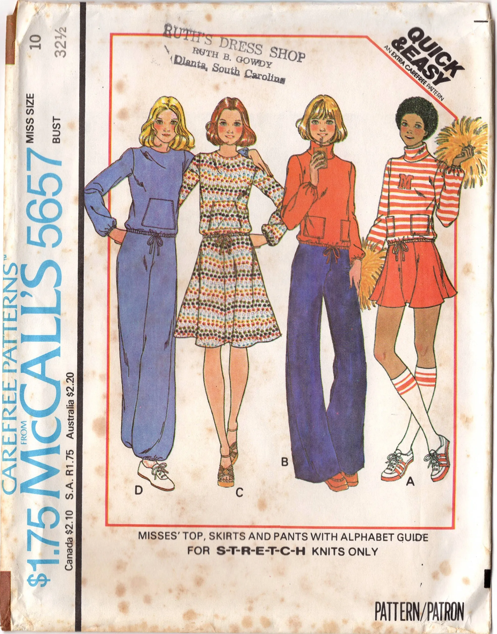 1970's McCall's Top or Turtleneck top with pockets, Flared Skirt or Pants pattern - Bust 31.5-38" - No. 5657