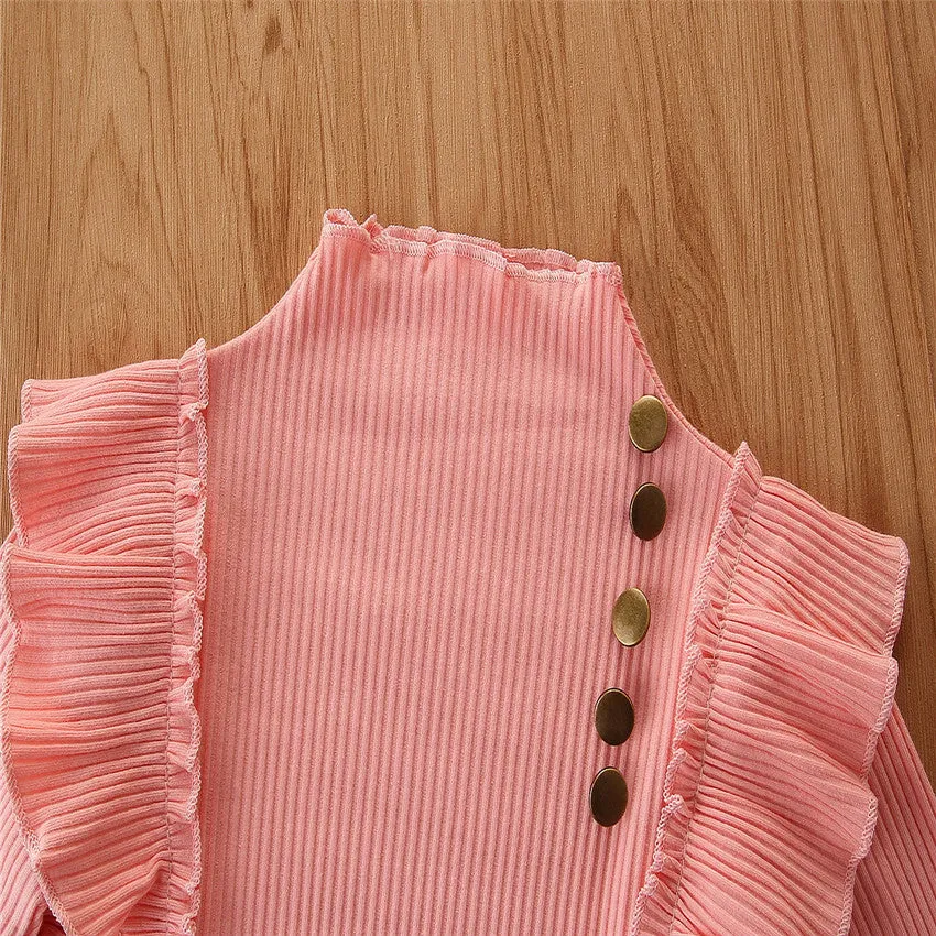 2 Pieces Kid Girl Flutter Sleeev Turtle Neck Top Matching Flared Pants Set Wholesale 06874764