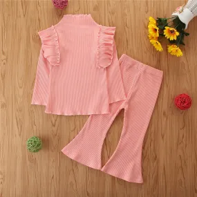 2 Pieces Kid Girl Flutter Sleeev Turtle Neck Top Matching Flared Pants Set Wholesale 06874764