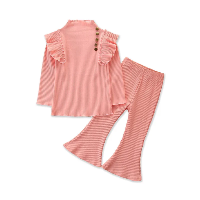2 Pieces Kid Girl Flutter Sleeev Turtle Neck Top Matching Flared Pants Set Wholesale 06874764