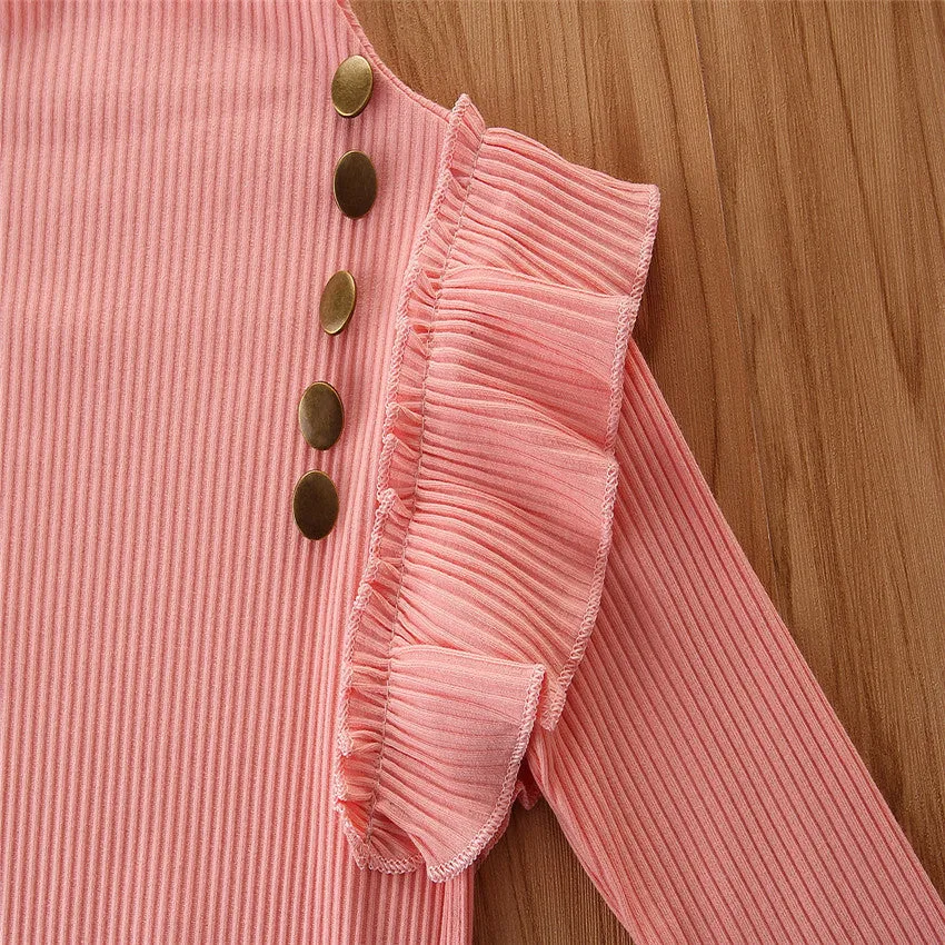 2 Pieces Kid Girl Flutter Sleeev Turtle Neck Top Matching Flared Pants Set Wholesale 06874764