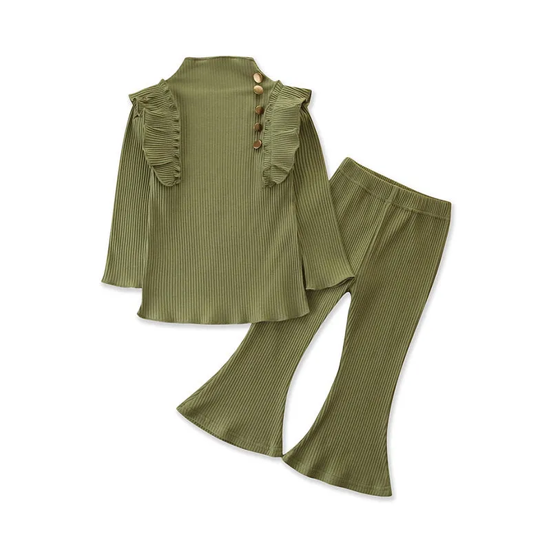 2 Pieces Kid Girl Flutter Sleeev Turtle Neck Top Matching Flared Pants Set Wholesale 06874764