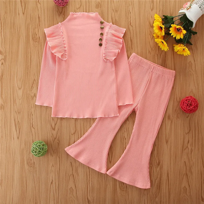 2 Pieces Kid Girl Flutter Sleeev Turtle Neck Top Matching Flared Pants Set Wholesale 06874764