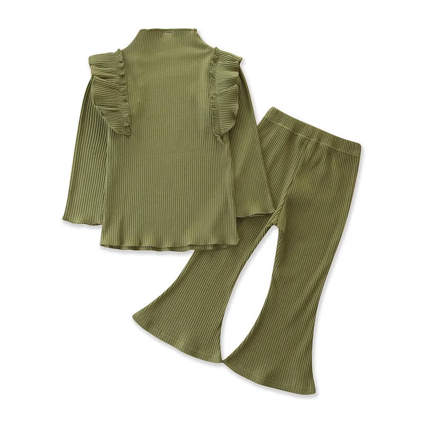 2 Pieces Kid Girl Flutter Sleeev Turtle Neck Top Matching Flared Pants Set Wholesale 06874764