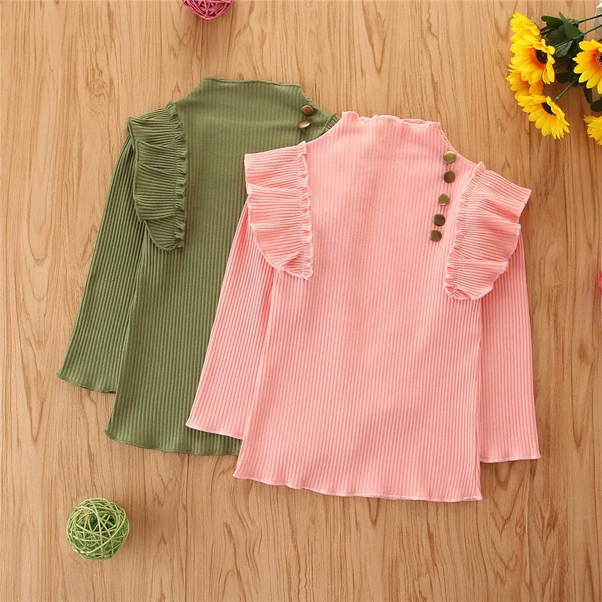 2 Pieces Kid Girl Flutter Sleeev Turtle Neck Top Matching Flared Pants Set Wholesale 06874764