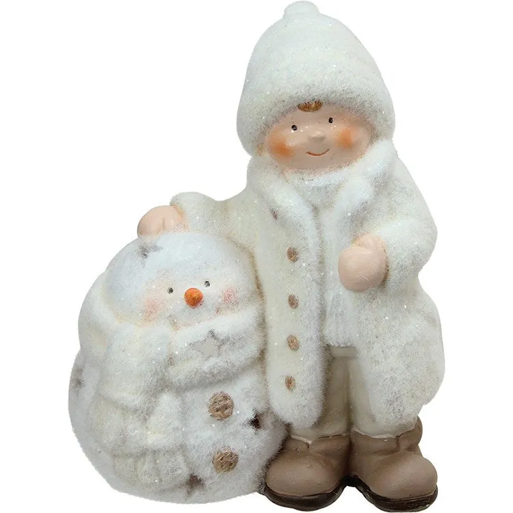 8.75" White Snowman with Standing Boy Christmas Tealight Candle Holder