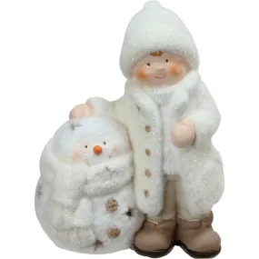 8.75" White Snowman with Standing Boy Christmas Tealight Candle Holder