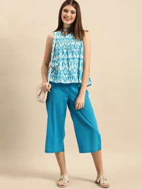 Anouk Women Blue & White Printed Pleated Pure Cotton Kurti with Trousers