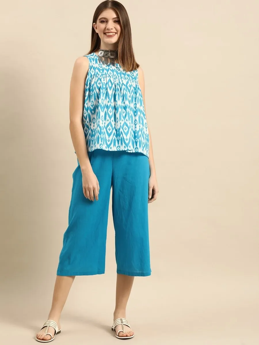 Anouk Women Blue & White Printed Pleated Pure Cotton Kurti with Trousers
