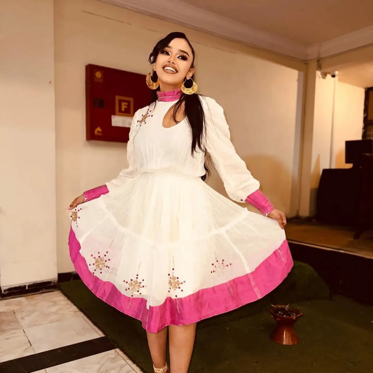 Appealing Sweet Pink Mini Habesha Dress: with Daring Cutout Ethiopian Traditional Modern Habesha Kemis
