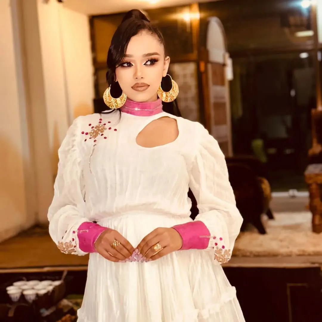 Appealing Sweet Pink Mini Habesha Dress: with Daring Cutout Ethiopian Traditional Modern Habesha Kemis