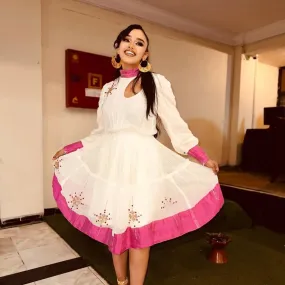 Appealing Sweet Pink Mini Habesha Dress: with Daring Cutout Ethiopian Traditional Modern Habesha Kemis