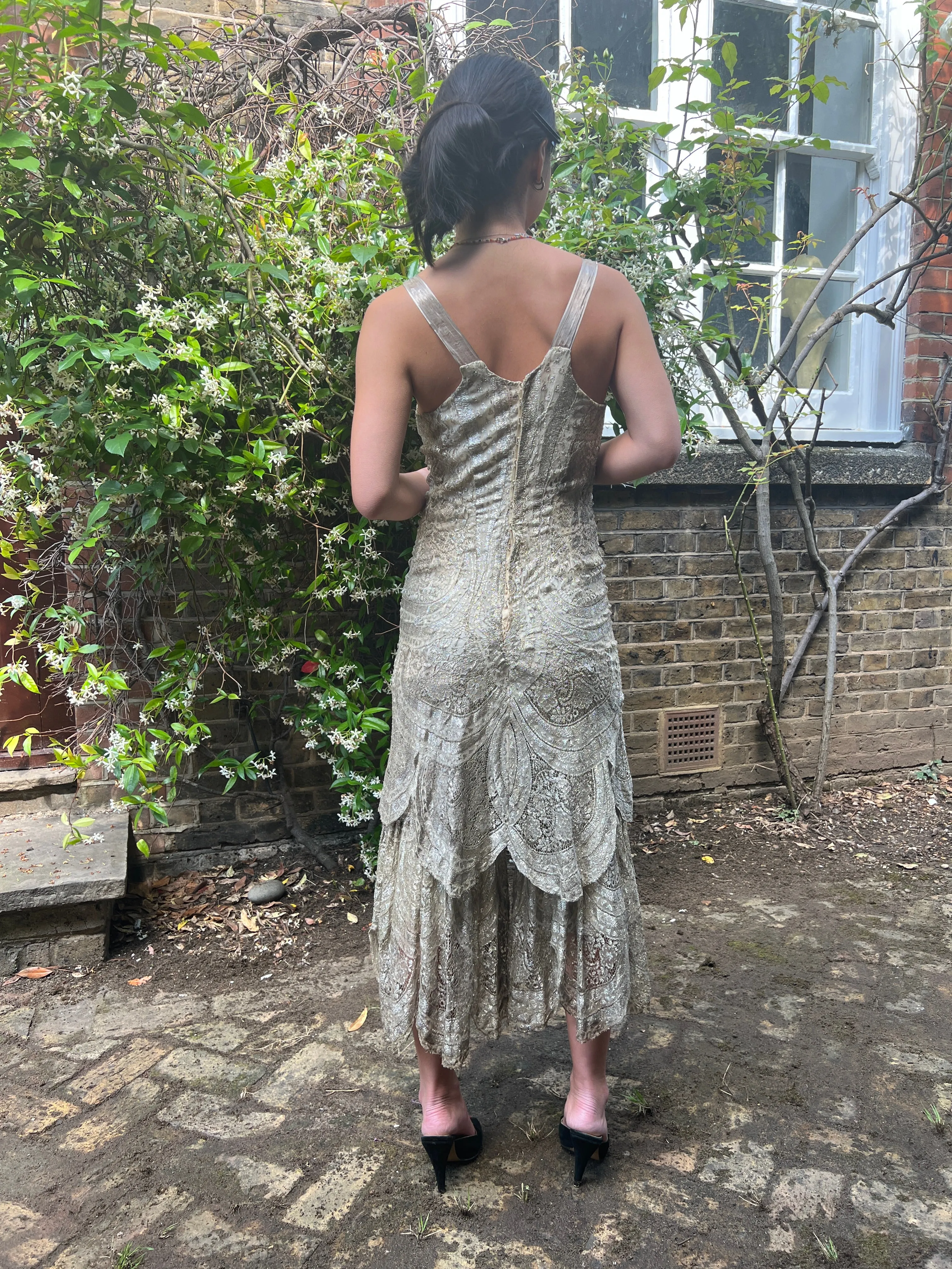 ARCHIVE - 1920s Silver Cobweb Lame Flapper Culottes Dress
