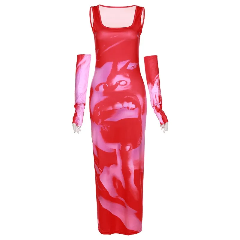 Art Print Maxi Dress Women Straps Sleeveless With Gloves Slim Long Dresses Femal Hipster Streetwear Elegant Vestido