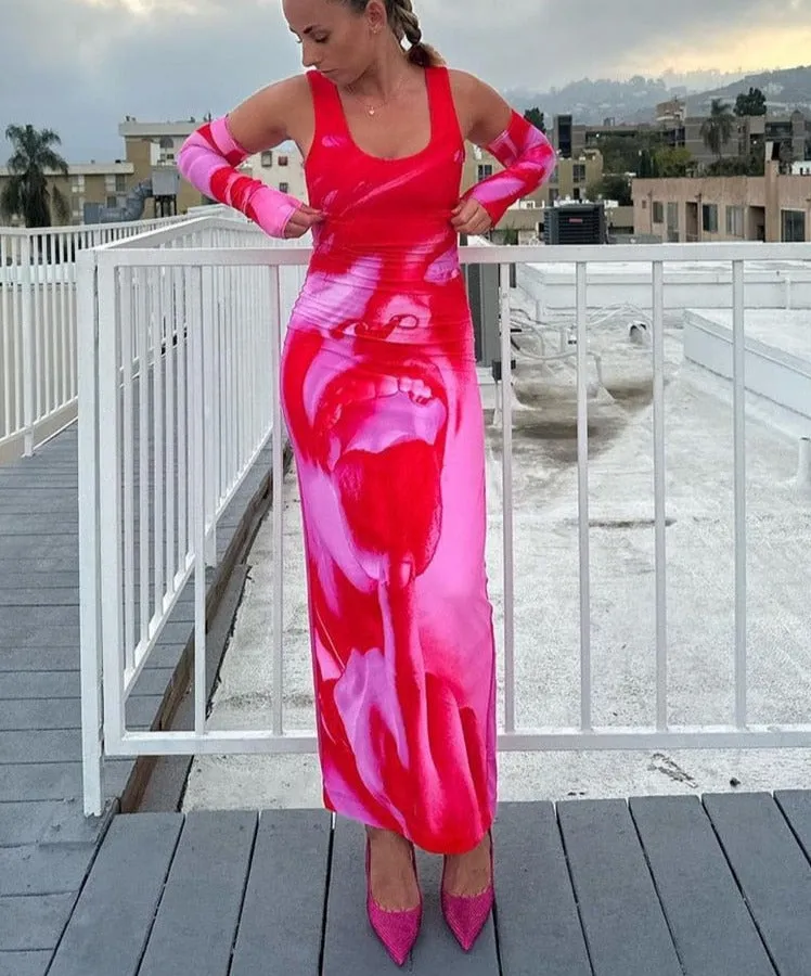 Art Print Maxi Dress Women Straps Sleeveless With Gloves Slim Long Dresses Femal Hipster Streetwear Elegant Vestido