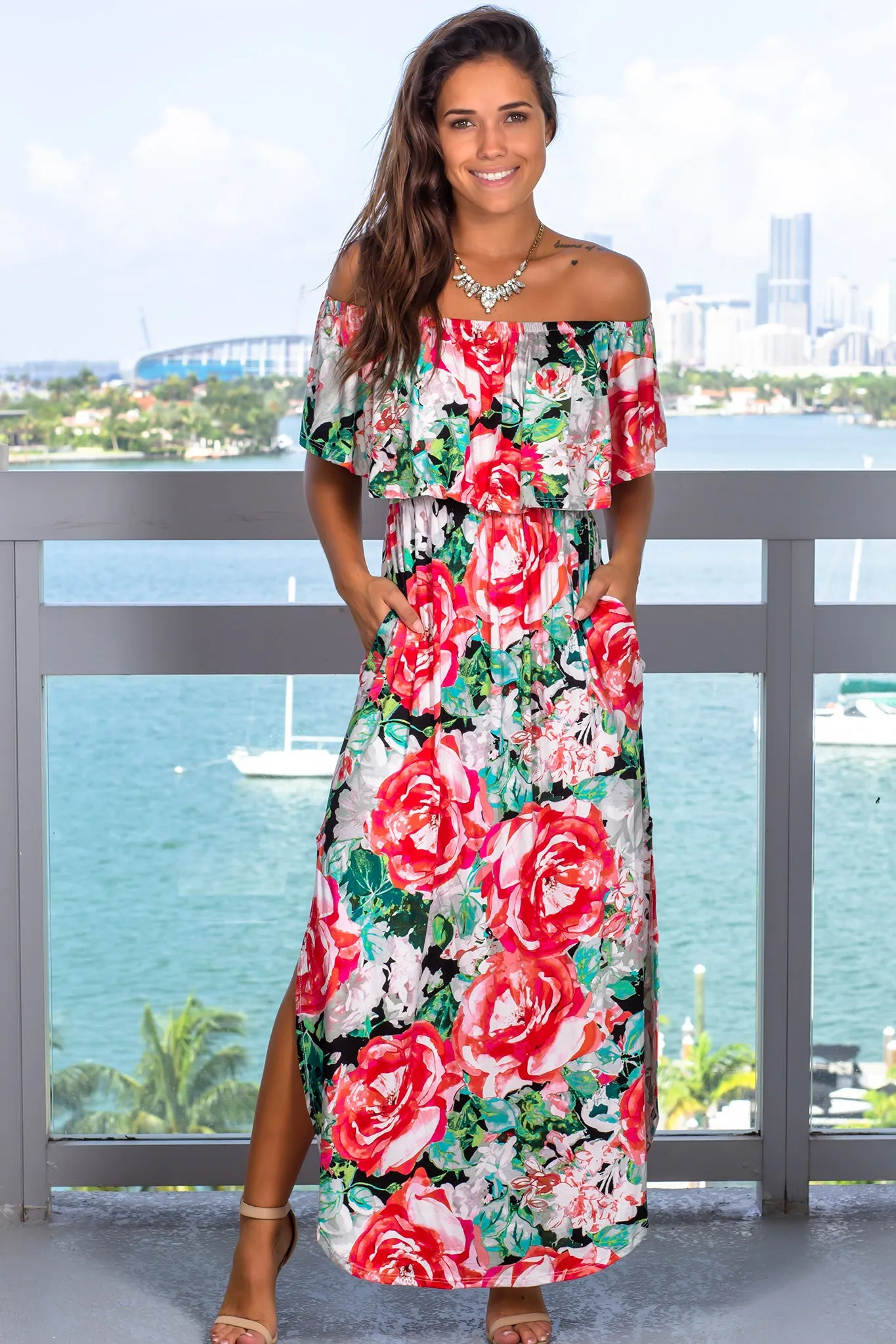 Black and Red Off Shoulder Maxi Dress
