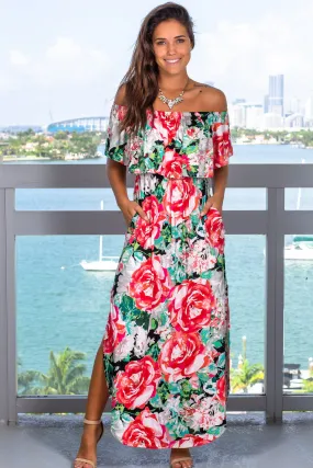 Black and Red Off Shoulder Maxi Dress