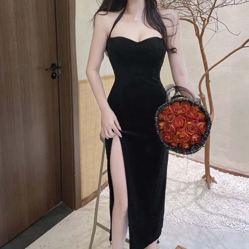 Black Gloves Halter Neck Velvet Split Backless Cocktail Dress