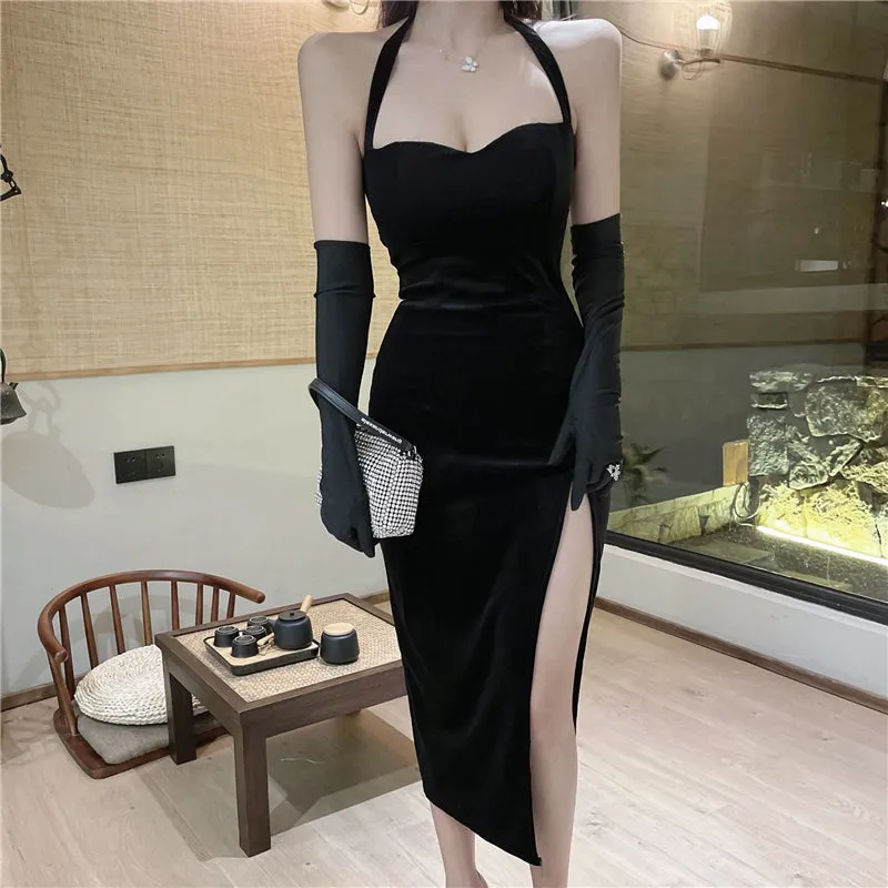 Black Gloves Halter Neck Velvet Split Backless Cocktail Dress