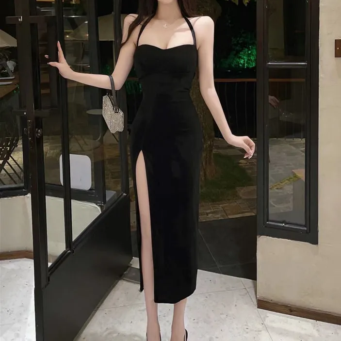 Black Gloves Halter Neck Velvet Split Backless Cocktail Dress