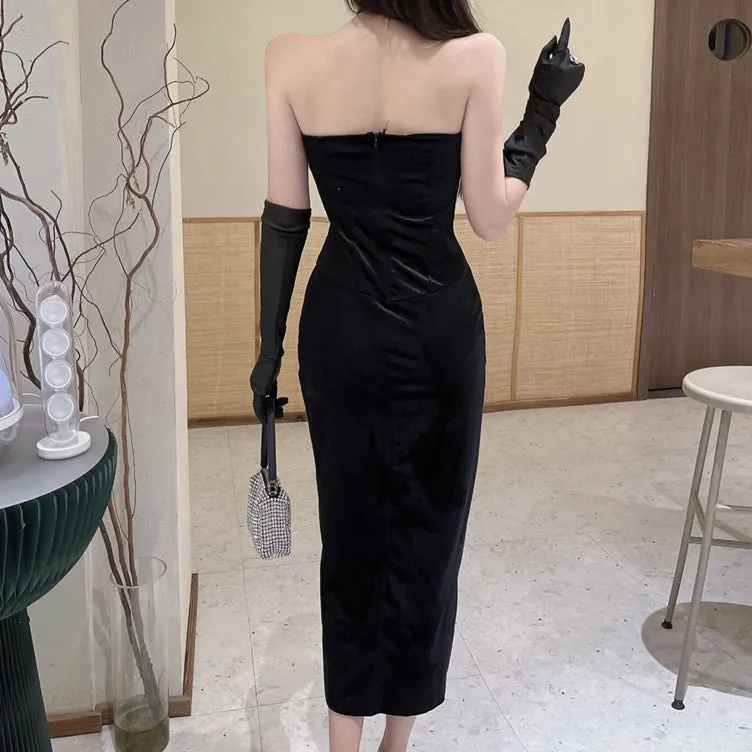 Black Gloves Halter Neck Velvet Split Backless Cocktail Dress