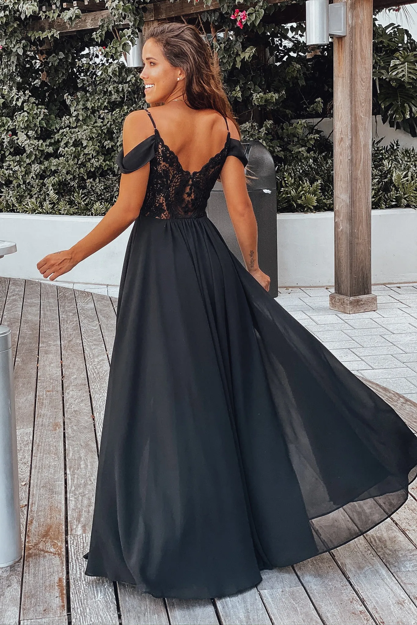 Black Off Shoulder Maxi Dress with Lace Back