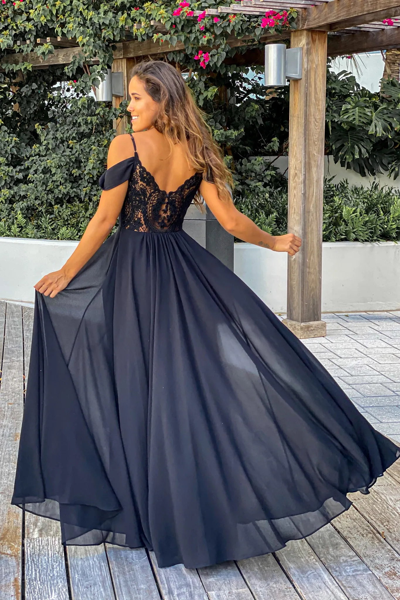 Black Off Shoulder Maxi Dress with Lace Back