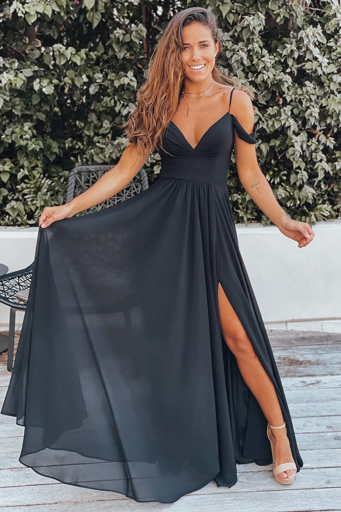 Black Off Shoulder Maxi Dress with Lace Back