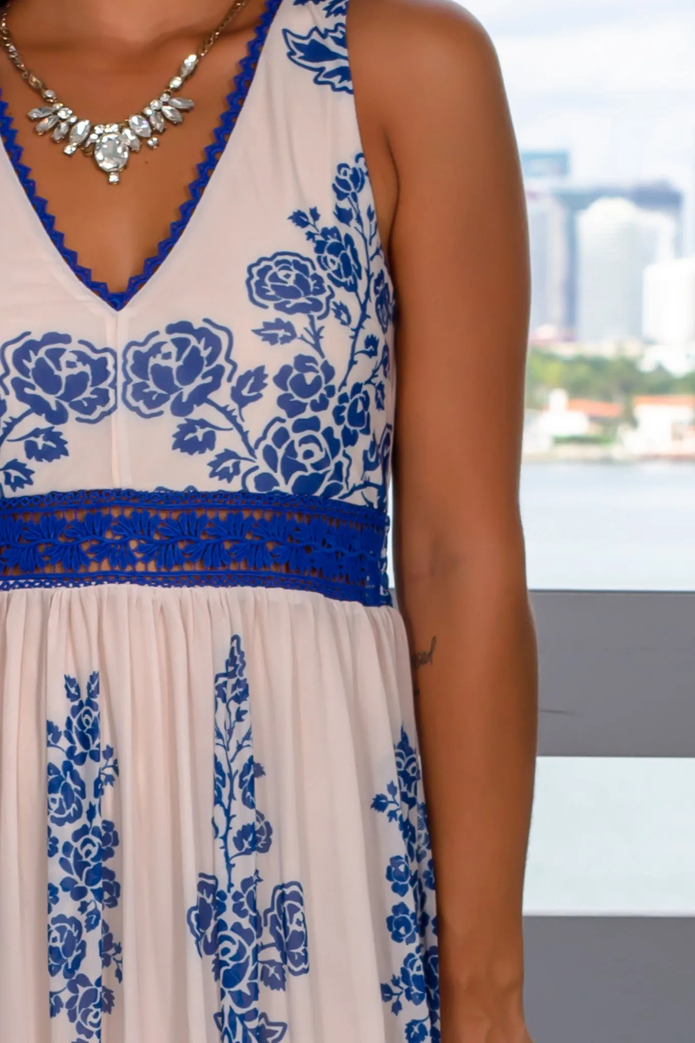 Blue and Beige Floral Maxi Dress