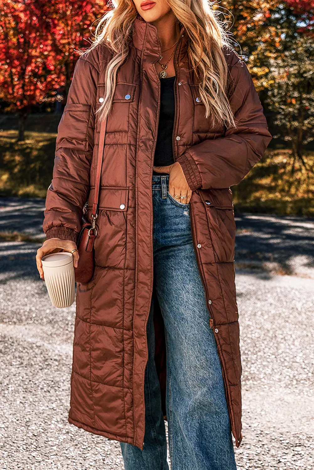 Blue Zone Planet |  Coffee Quilted Puffer Stand Neck Zipped Mid-length Coat