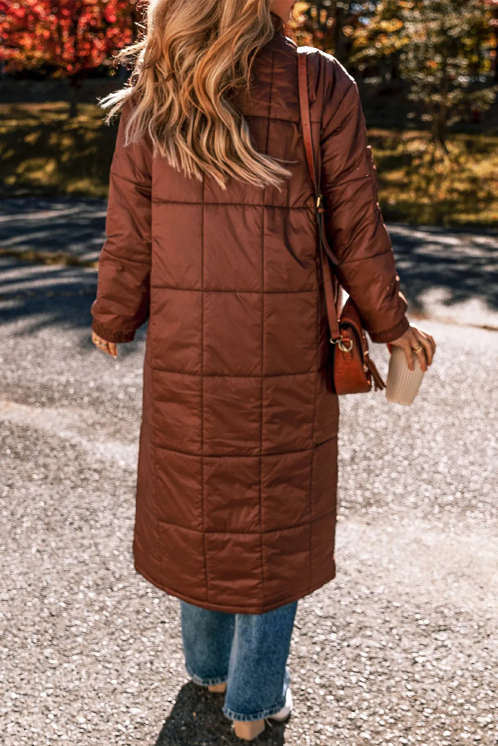 Blue Zone Planet |  Coffee Quilted Puffer Stand Neck Zipped Mid-length Coat