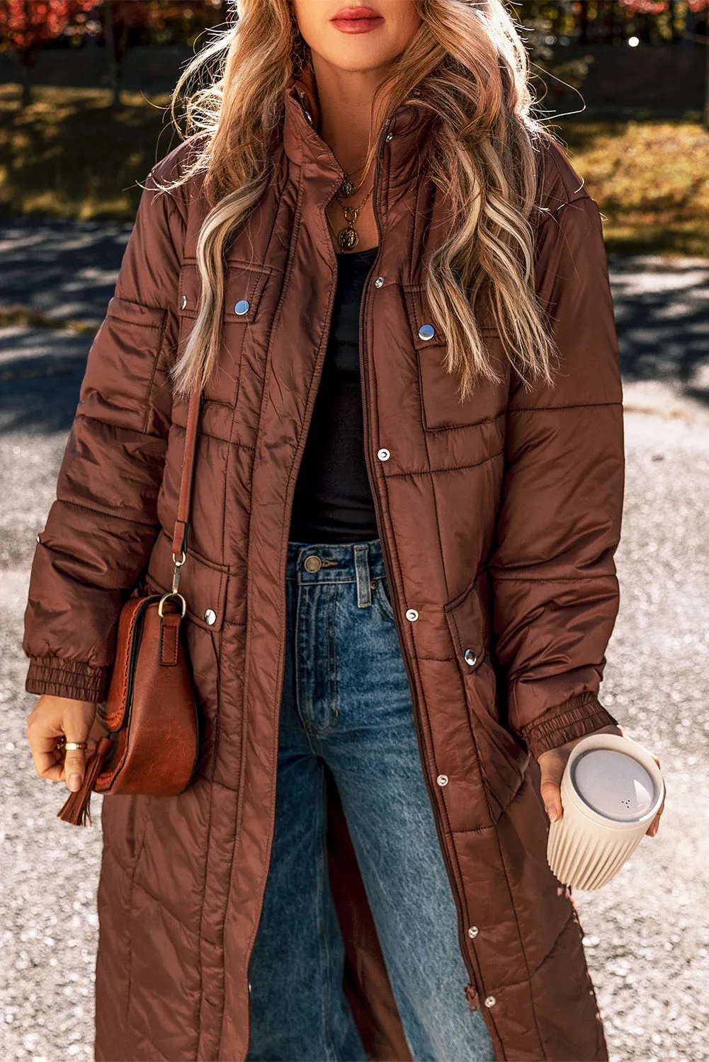 Blue Zone Planet |  Coffee Quilted Puffer Stand Neck Zipped Mid-length Coat