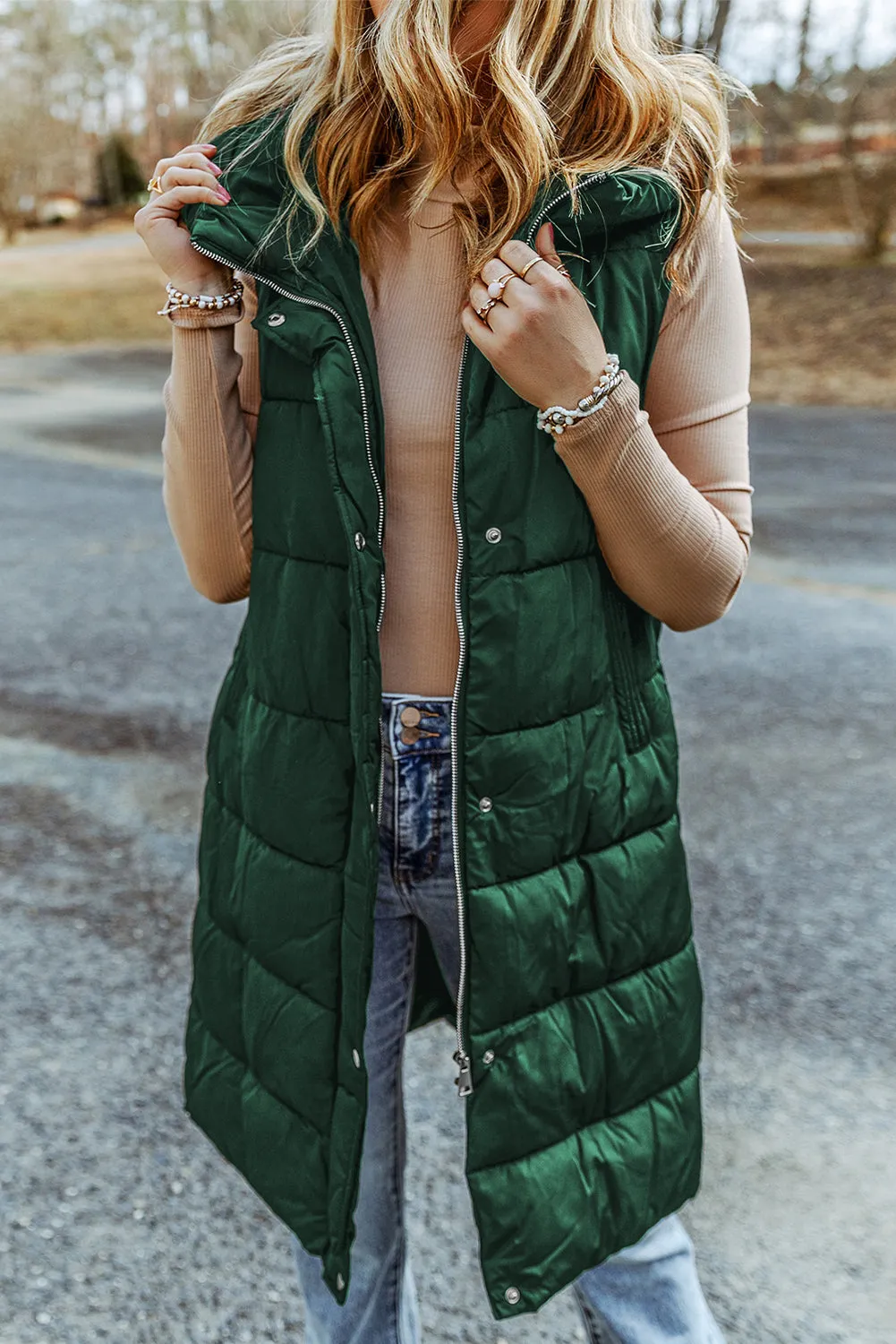 Blue Zone Planet |  Green Hooded Long Quilted Vest Coat