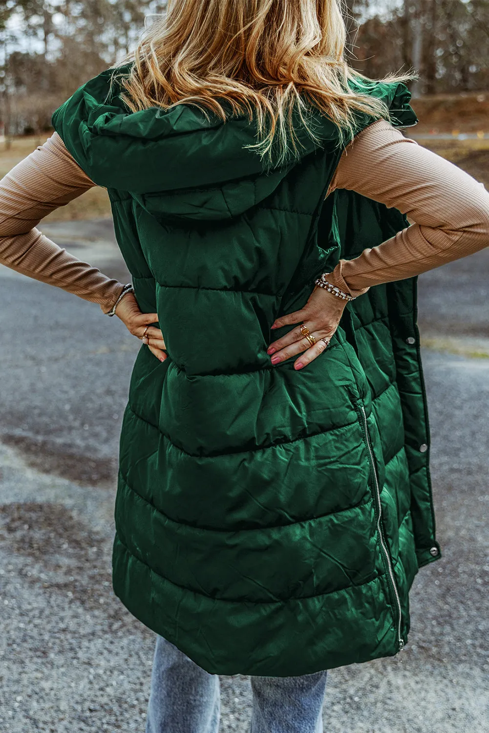 Blue Zone Planet |  Green Hooded Long Quilted Vest Coat
