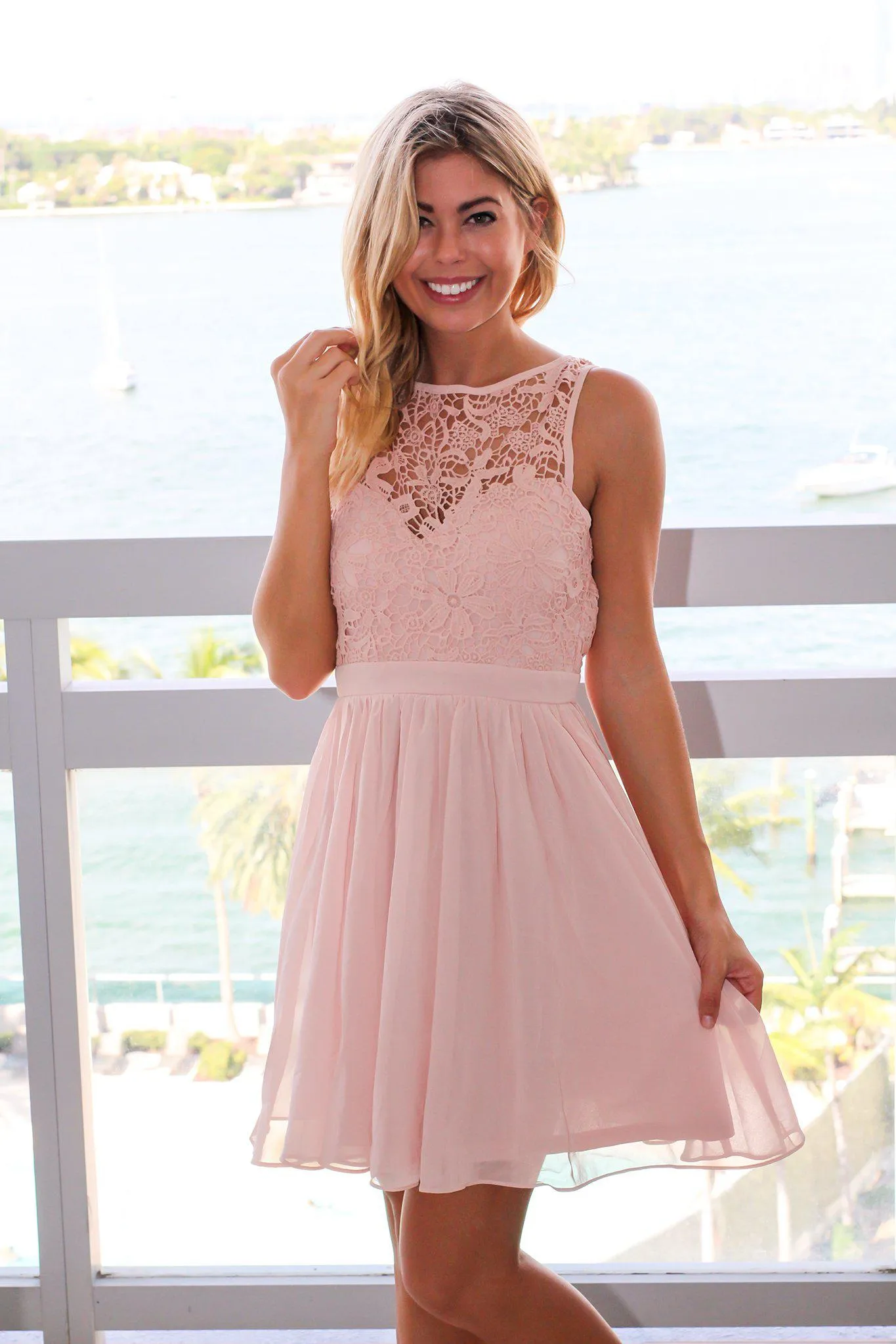 Blush Crochet Short Dress with Open Back
