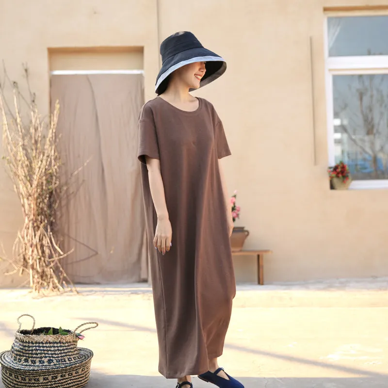Brown Dress Linen Flax Shift Dress Casual Summer Long Women Dresses Z97292