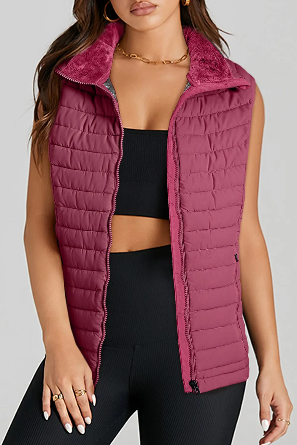 Burgundy Plush Collared Quilted Zipped Puffer Gilet