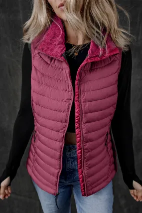 Burgundy Plush Collared Quilted Zipped Puffer Gilet