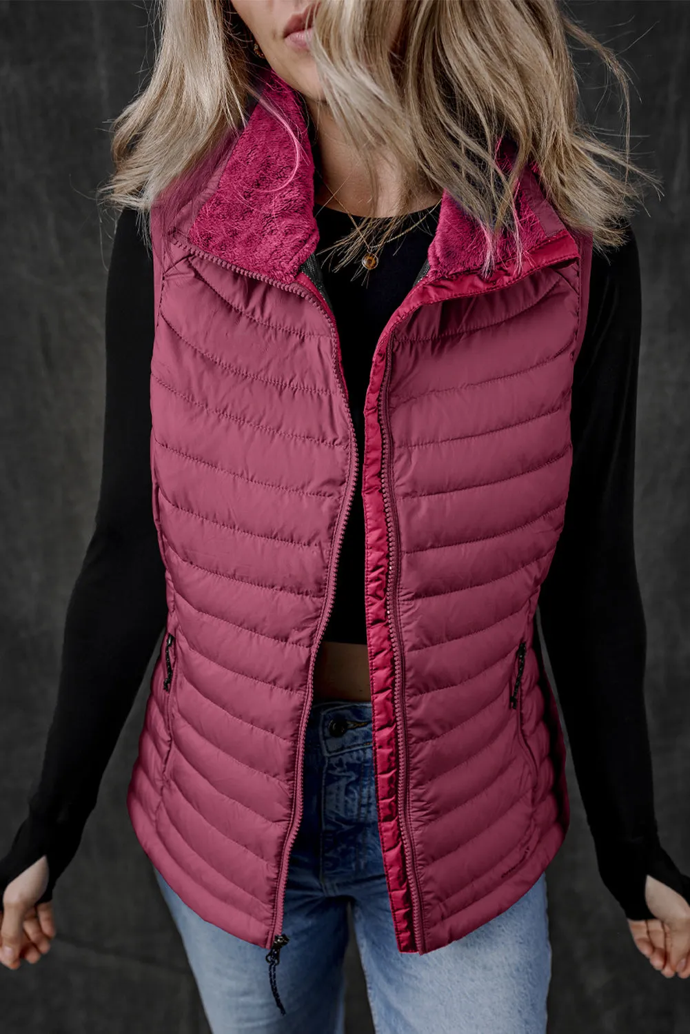 Burgundy Plush Collared Quilted Zipped Puffer Gilet