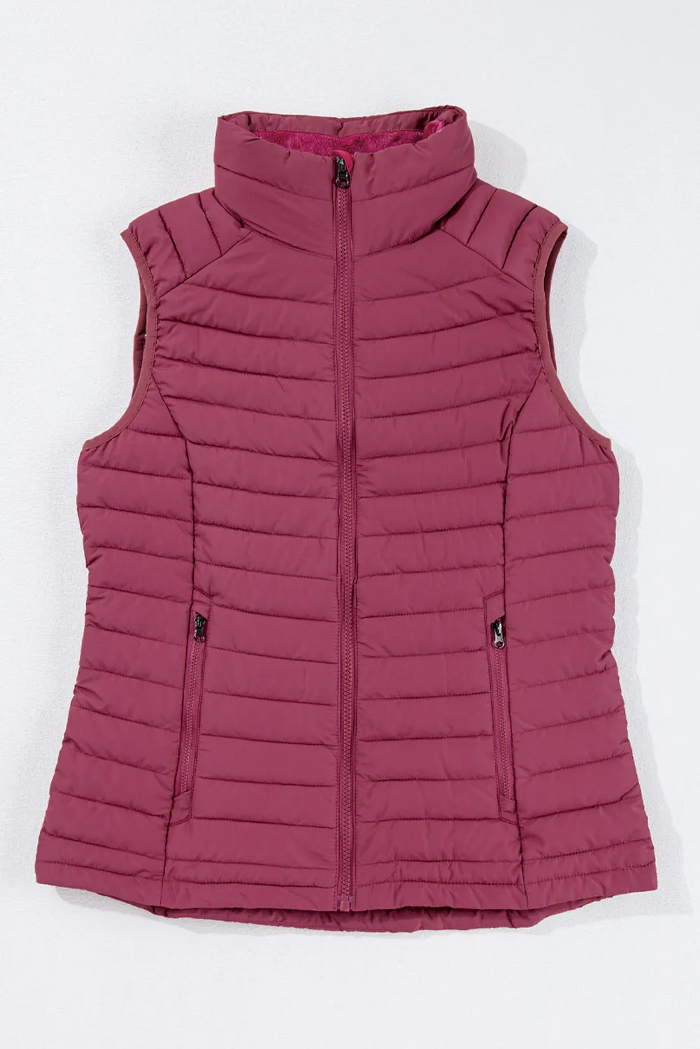 Burgundy Plush Collared Quilted Zipped Puffer Gilet