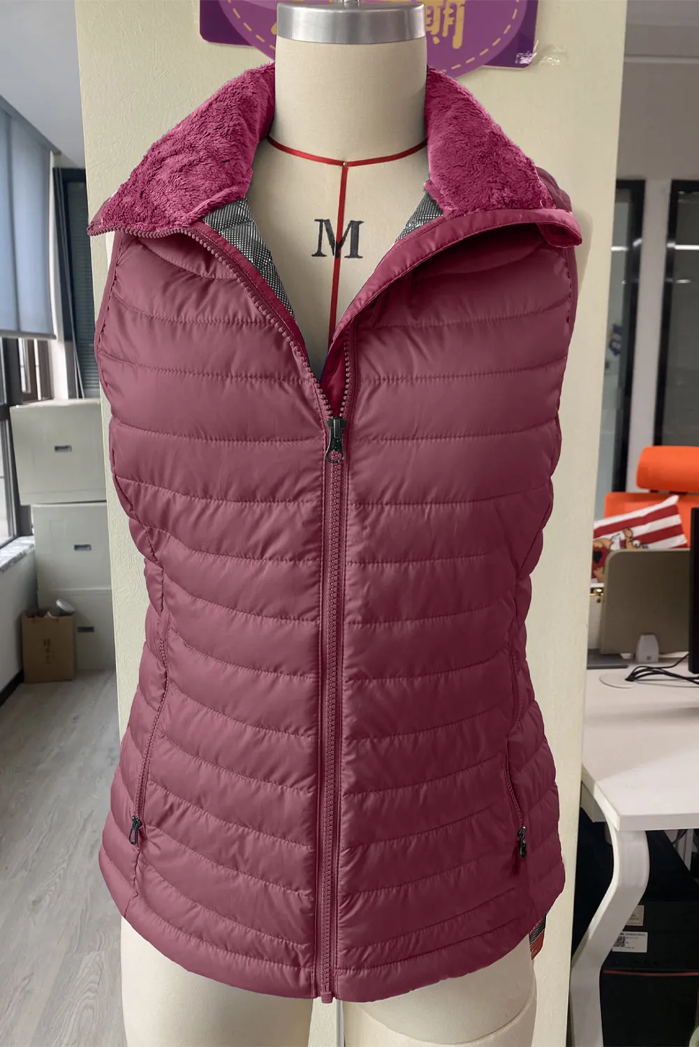 Burgundy Plush Collared Quilted Zipped Puffer Gilet