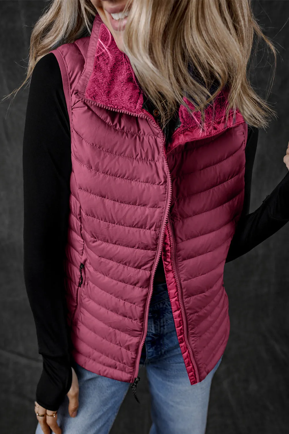 Burgundy Plush Collared Quilted Zipped Puffer Gilet