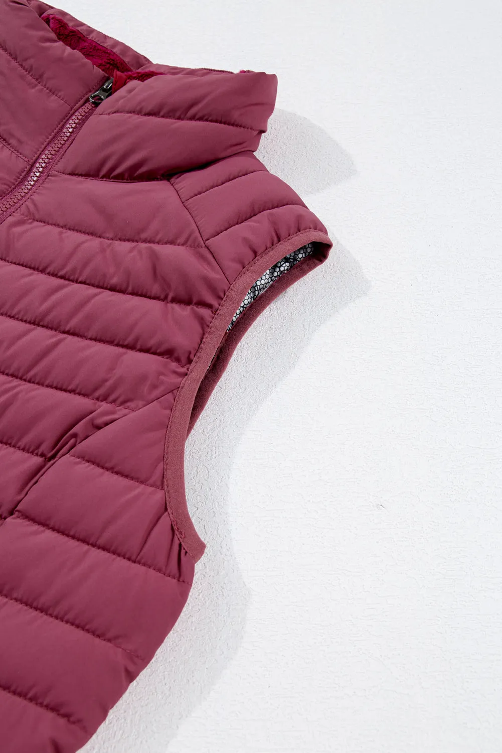 Burgundy Plush Collared Quilted Zipped Puffer Gilet