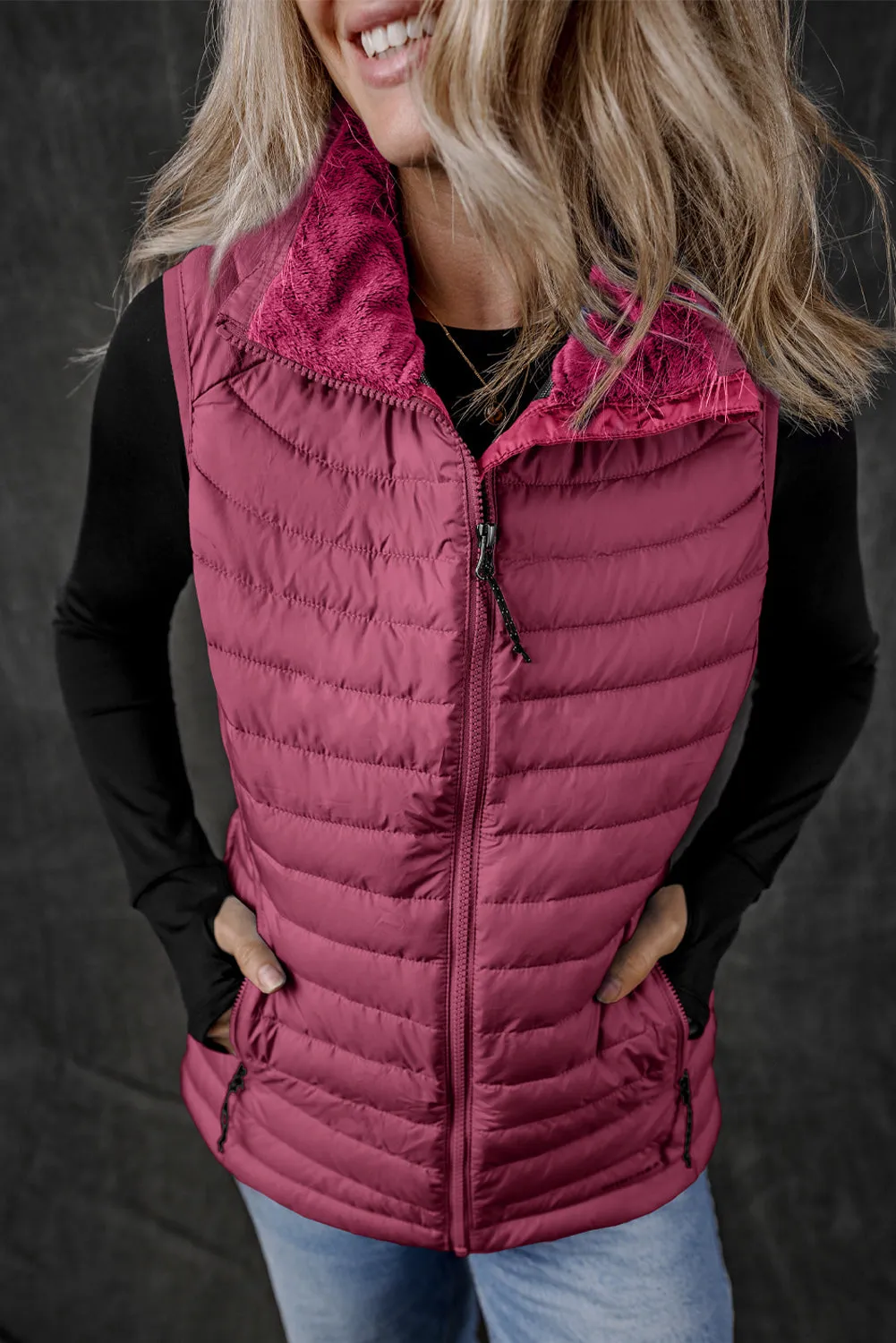 Burgundy Plush Collared Quilted Zipped Puffer Gilet