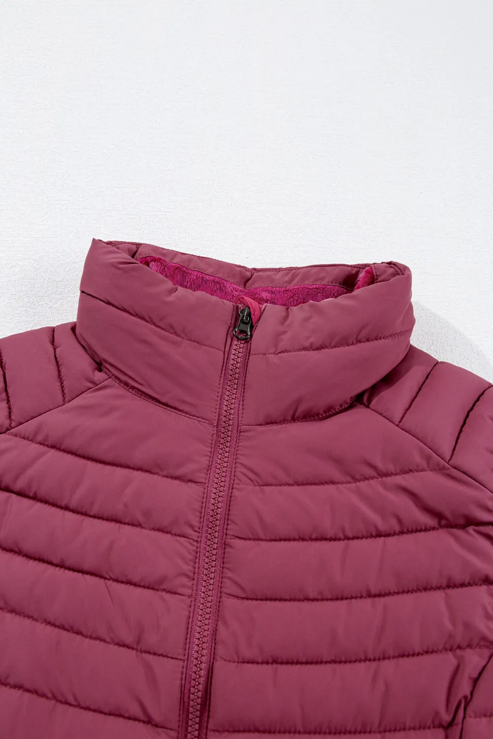 Burgundy Plush Collared Quilted Zipped Puffer Gilet