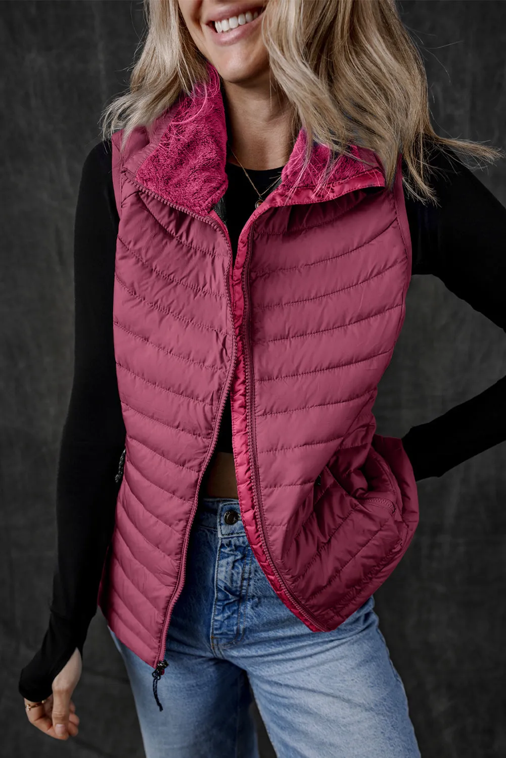 Burgundy Plush Collared Quilted Zipped Puffer Gilet