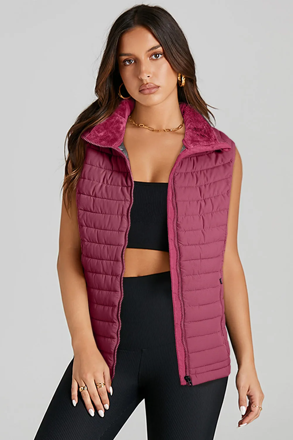 Burgundy Plush Collared Quilted Zipped Puffer Gilet