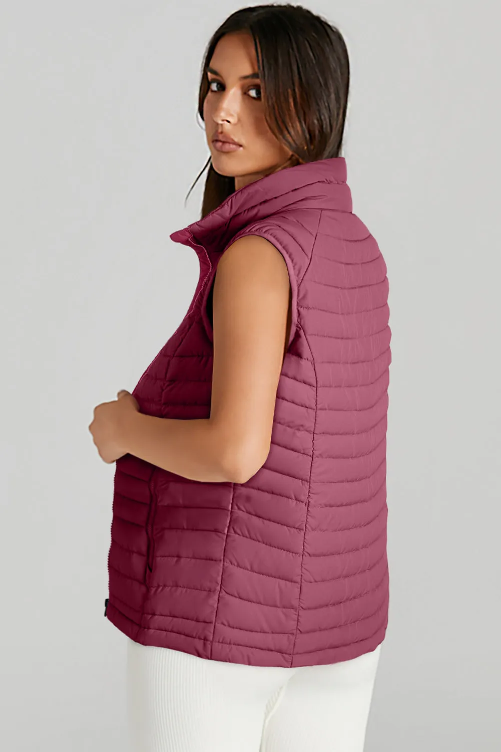 Burgundy Plush Collared Quilted Zipped Puffer Gilet