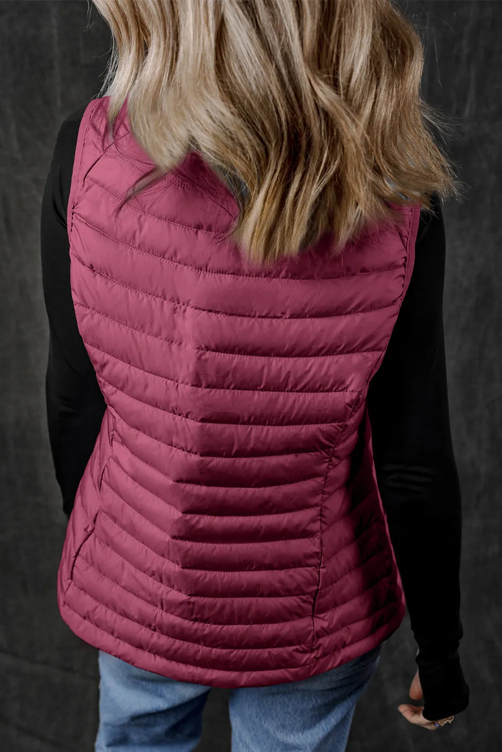 Burgundy Plush Collared Quilted Zipped Puffer Gilet